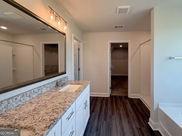a bathroom with a sink and a large mirror