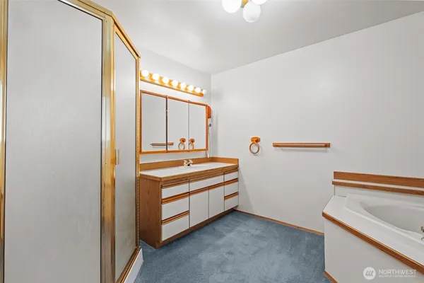 a spacious bathroom with a tub shower and toilet