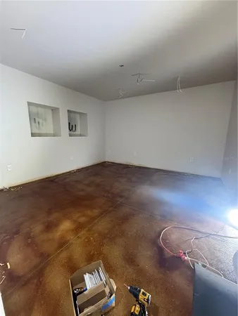 a living room with large window