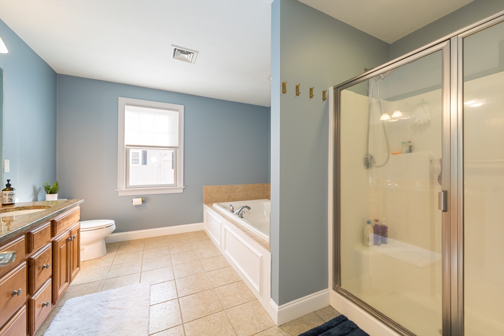 26 Wellesley Avenue, Unit B Natick, MA 01760 - Photo 18 of 34 a bathroom with a granite countertop sink a toilet and shower