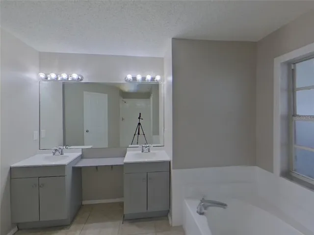 a bathroom with a sink vanity tub and a mirror