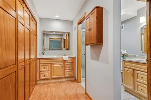a bathroom with a sink a mirror and a shower