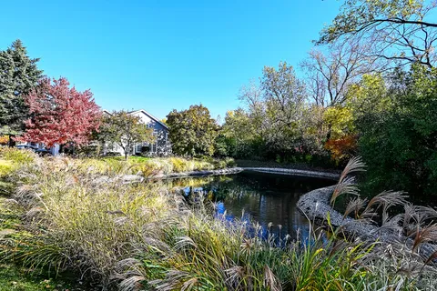 a view of lake with green space