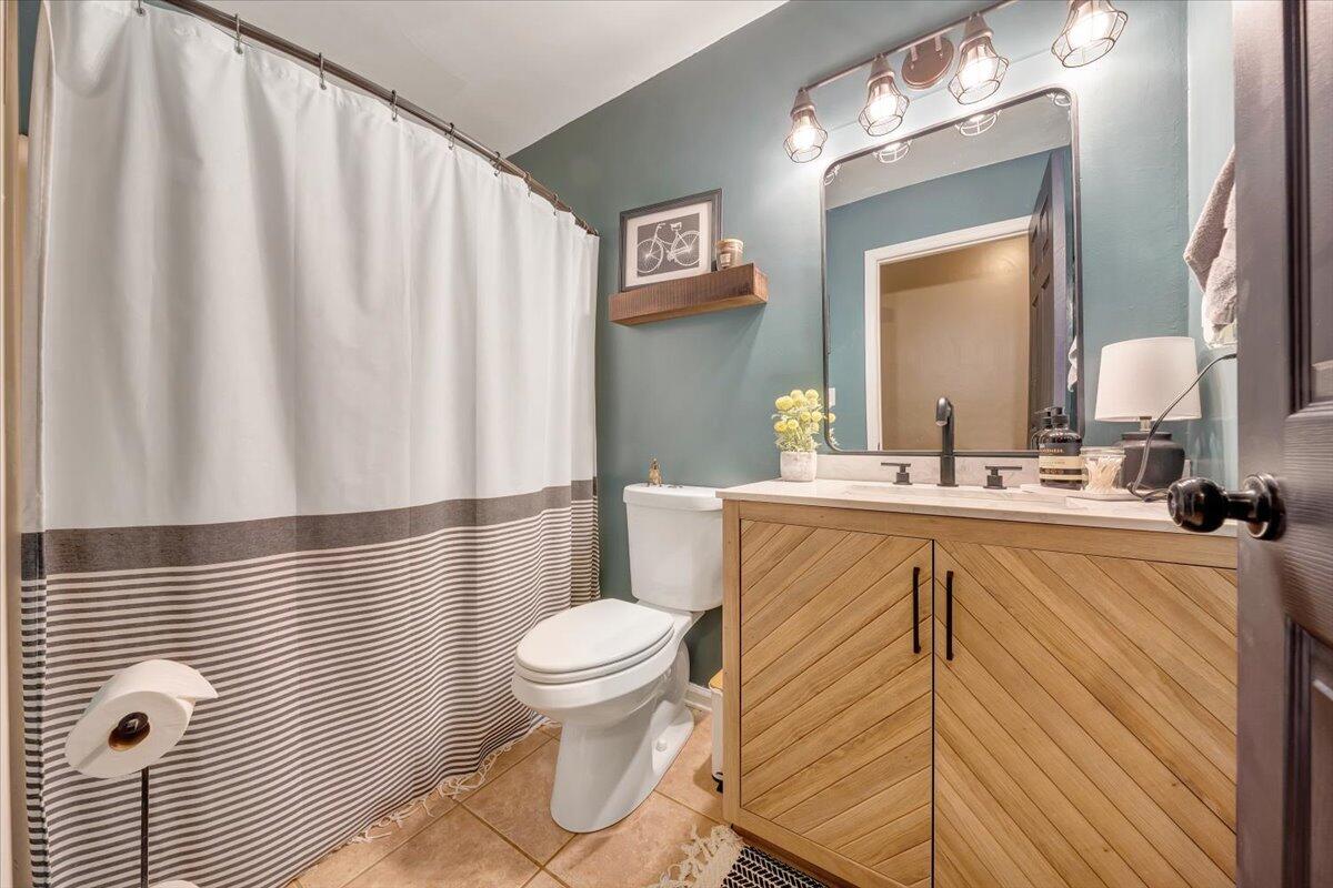 1748 Meadows Road Vinton, VA 24179 - Photo 17 of 34 a bathroom with a sink a toilet a mirror and shower curtain