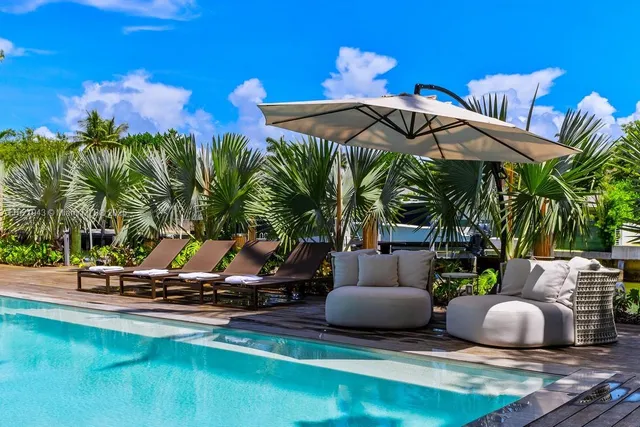 a view of a backyard with a patio and swimming pool