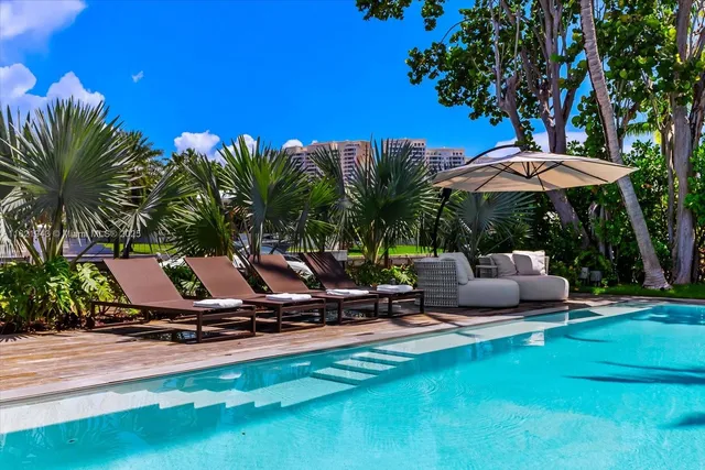 a view of a backyard with a patio and swimming pool