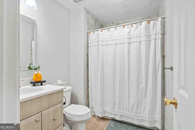 a bathroom with a sink a toilet and shower curtain