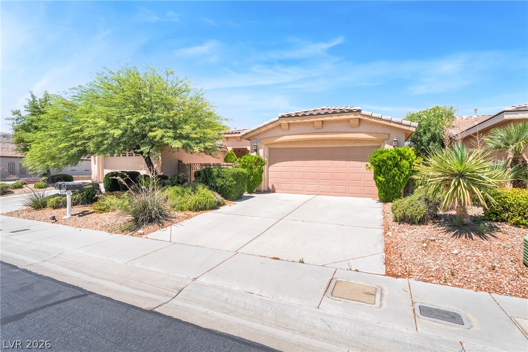 5389 Progresso Street Las Vegas, NV 89135 - Photo 32 of 41 A well-maintained desert landscape frames this welcoming residence, complete with a paved driveway and an attached garage.