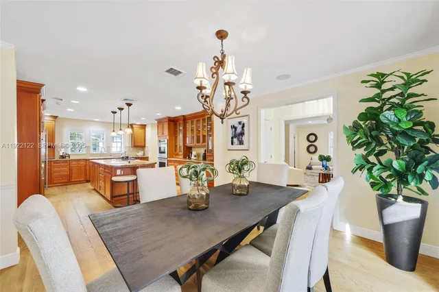a view of a dining room with furniture wooden floor and chandelier