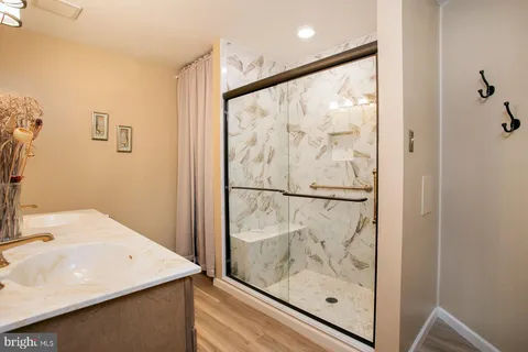 a bathroom with a shower and a sink