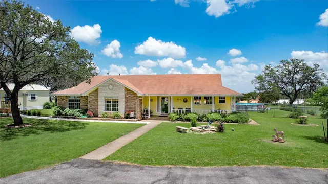 a garden view with a seating space