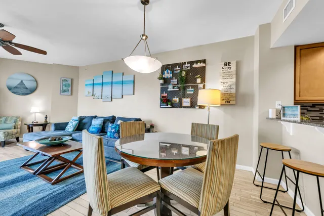 a view of a dining room with furniture