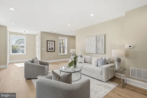 a living room with furniture flowerpot and wooden floor