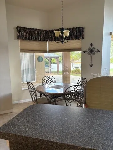 a view of a dining room with furniture window and outside view