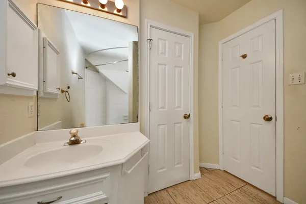 a bathroom with a sink and a mirror
