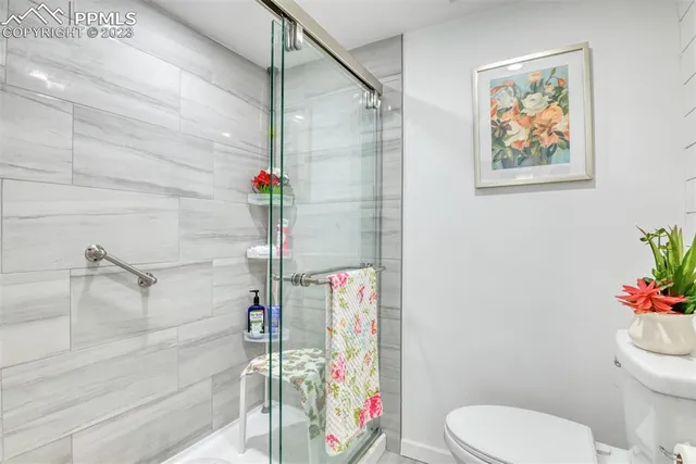 a bathroom with a toilet and shower