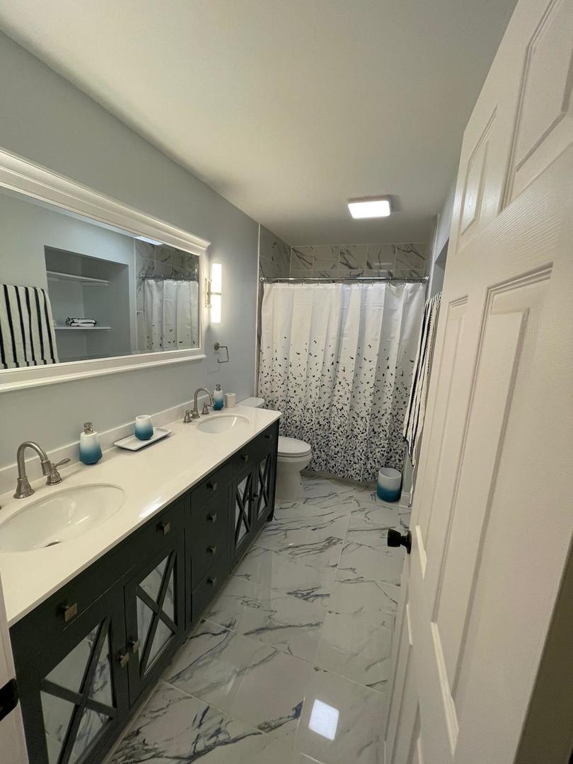 725 North Rohlwing Road Palatine, IL 60074 - Photo 17 of 27 a bathroom with a double vanity sink a mirror and a shower