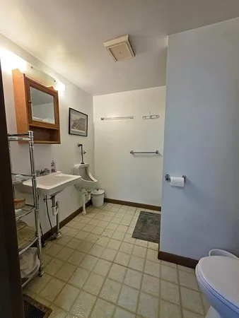 a bathroom with a sink a toilet and mirror