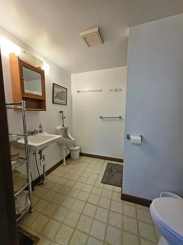 a bathroom with a sink a toilet and mirror