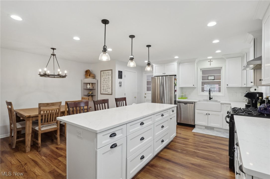 6086 Crossview Road Independence, OH 44131 - Photo 15 of 44 Kitchen featuring appliances with stainless steel finishes, a center island, decorative light fixtures, and dark hardwood / wood-style flooring