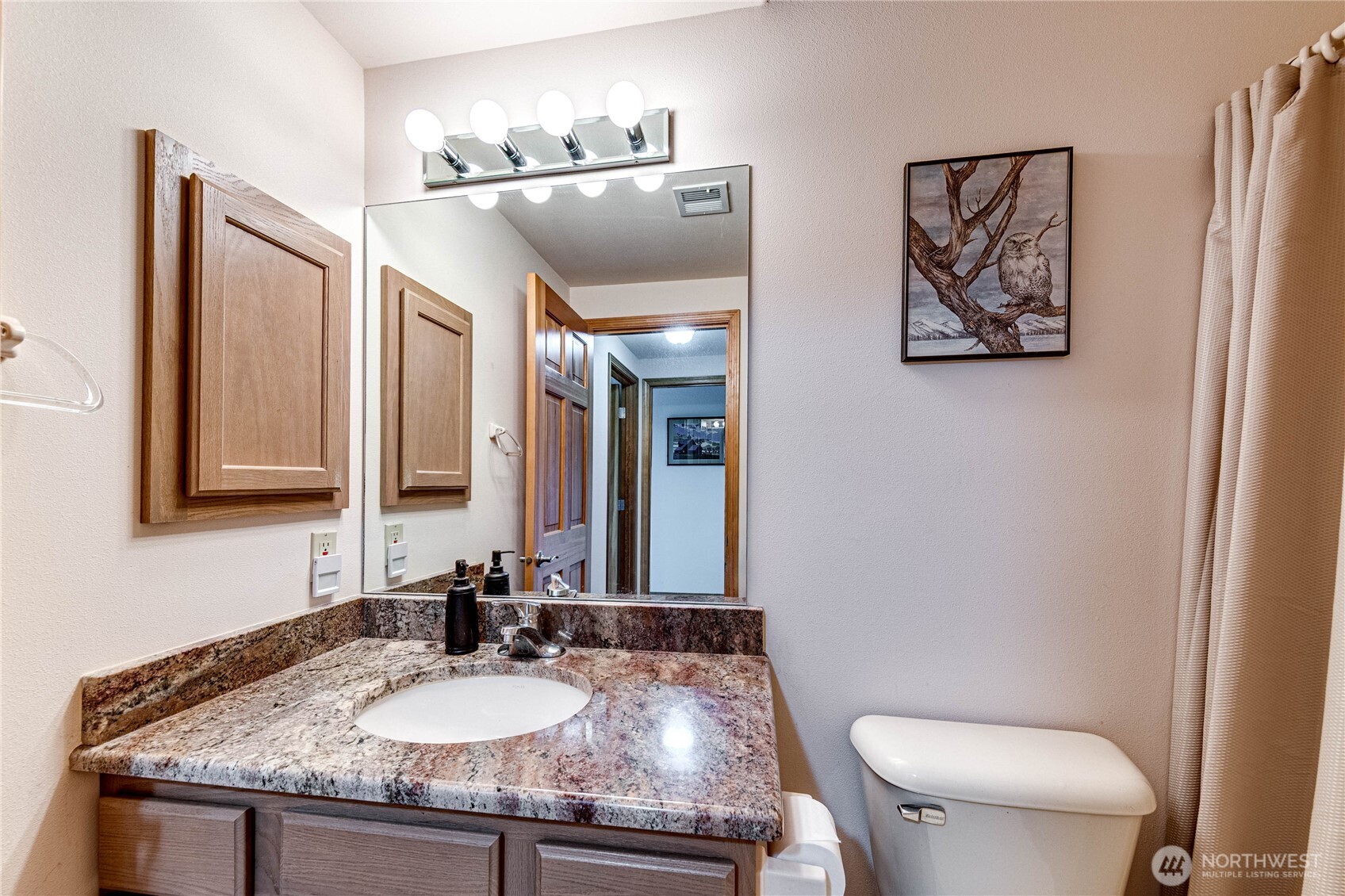 273 Harbor Heights Road Port Angeles, WA 98362 - Photo 32 of 40 a bathroom with a granite countertop sink a toilet and a mirror