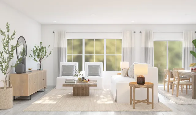 a living room with furniture and a potted plant