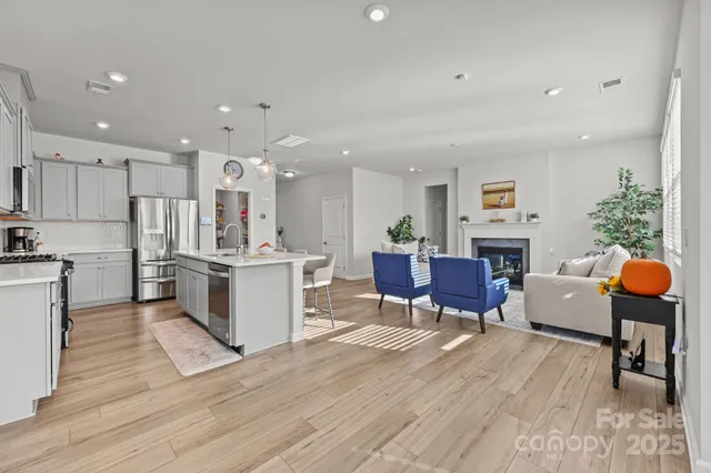 a living room with furniture and a dining table with kitchen view