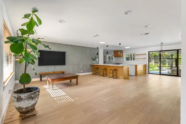 a living room with furniture and a potted plant