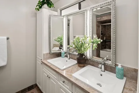a bathroom with a sink and a mirror