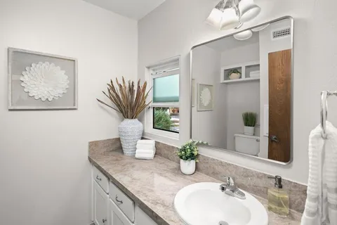 a bathroom with a granite countertop sink a mirror and a shower