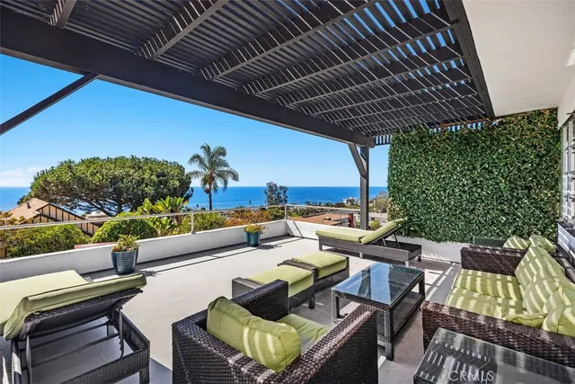 a roof deck with couches and potted plants