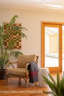 a living room with a couch and potted plant