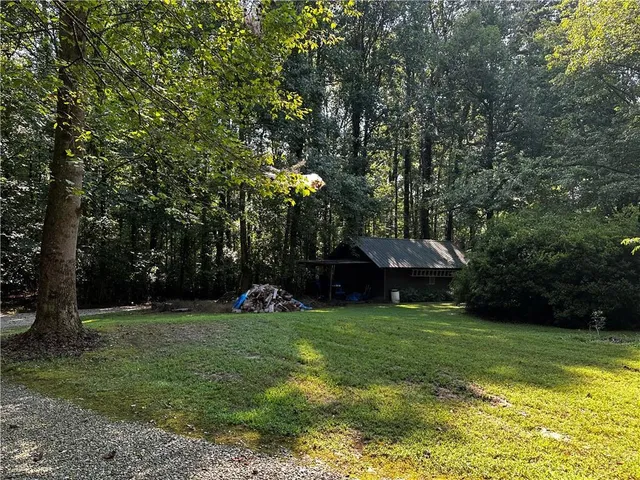 a view of a park with large trees