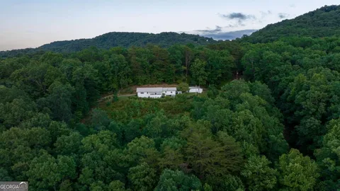 an aerial view of houses covered in trees