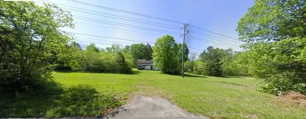 a view of a backyard with large trees