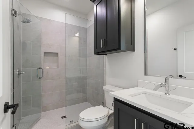 a bathroom with a sink toilet a mirror and shower