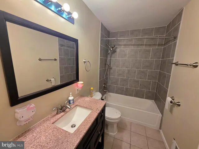 a bathroom with a bathtub shower sink vanity and toilet