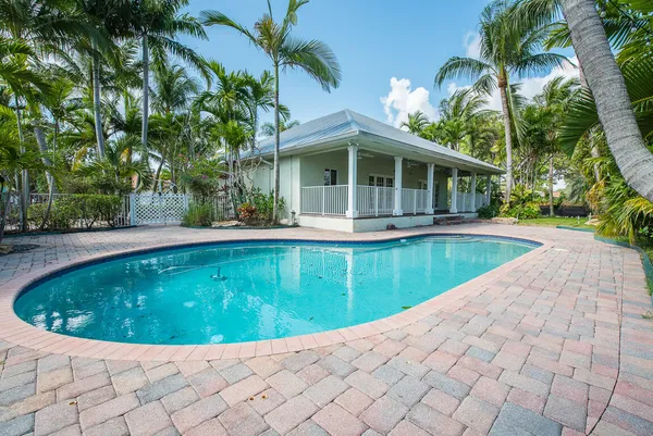 a view of a swimming pool with a yard