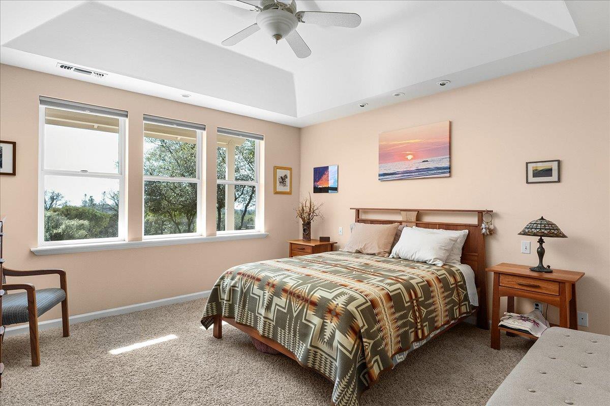 15666 Wolf Mountain Road Grass Valley, CA 95949 - Photo 28 of 78 a bedroom with a bed and a chandelier