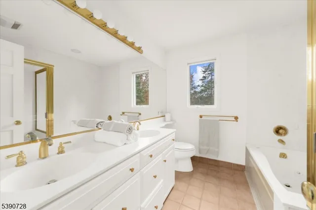 a bathroom with a tub sink and mirror