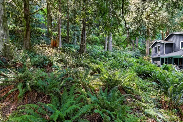 an aerial view of a house with swimming pool and garden