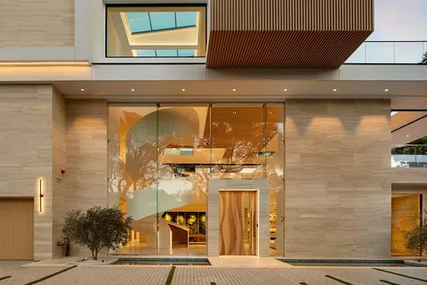 a view of a brick building next to a building