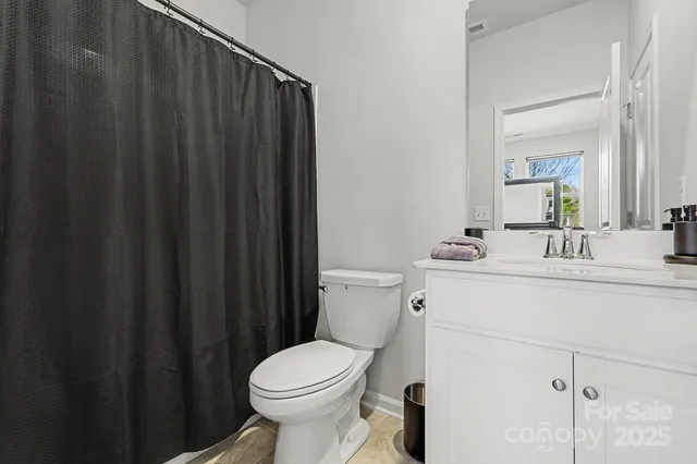 a bathroom with a sink a toilet a mirror and shower curtain