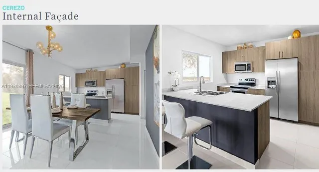 a kitchen with stainless steel appliances kitchen island granite countertop a table chairs and a refrigerator