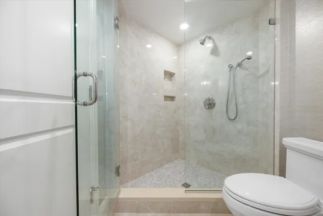 a bathroom with a shower and a toilet