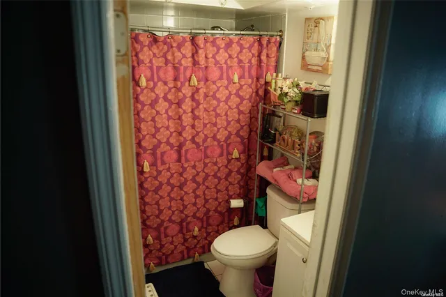 a bathroom with a toilet and a shower curtain