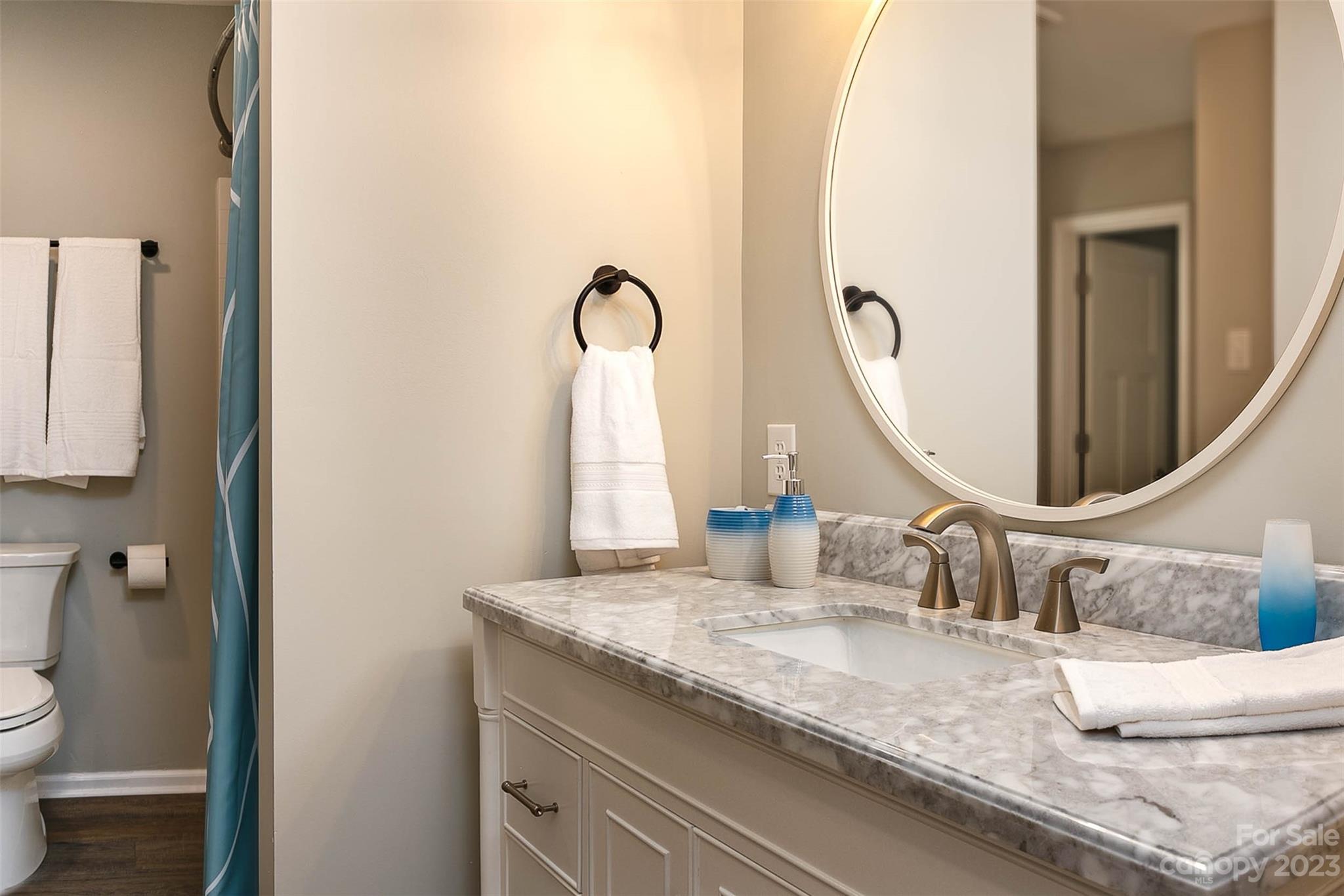 49 Community Road Fletcher, NC 28732 - Photo 20 of 38 a bathroom with a granite countertop sink and a mirror