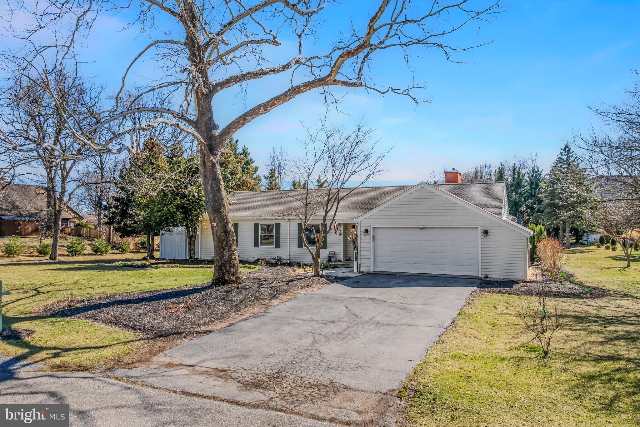 a view of a house with a yard and large trees