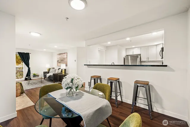 a view of a dining room with furniture