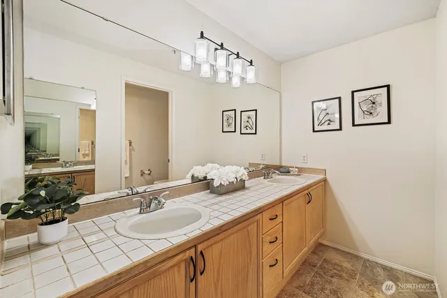 a bathroom with a sink a mirror and a shower